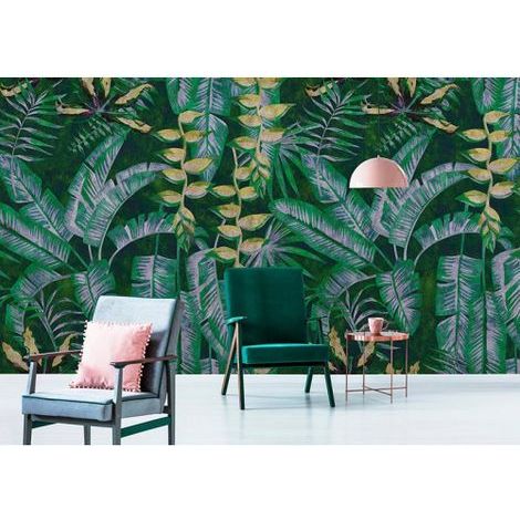 Papier peint panoramique jungle pour salle de bain Tapisserie panoramique feuilles tropicales Papier peint panoramique exotique vert et jaune (1/3)