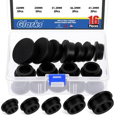 16pcs 5 tailles Ensemble de bouchons creux en silicone Noir haute température T-Plug pour fil et câble rond trou flexible bouchon de tuyau d'eau voiture (1/5)