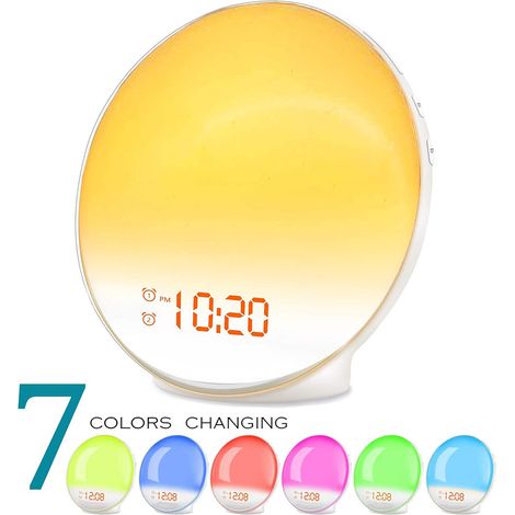 Réveil Lumineux Simulation Aube - Réveil avec Fonction Sommeil - Radio FM - Double Alarme - Veilleuse 7 Couleurs - Son Naturel - 16 x 16 x 6 cm - 1 Pièce (1/5)