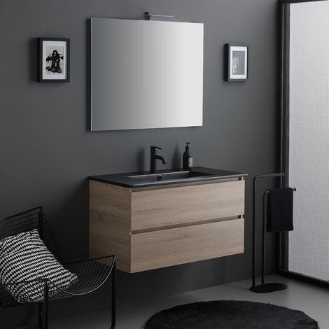 Mueble De Baño 90Cm 2 Cajones Roble Con Lavabo Negro, Espejo 90X70 Y Lámpara Berlin