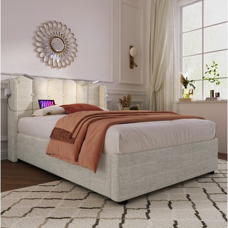Letto singolo 90x200 in lino naturale con USB e contenitore, senza materasso - FLORAGRACE (1/5)
