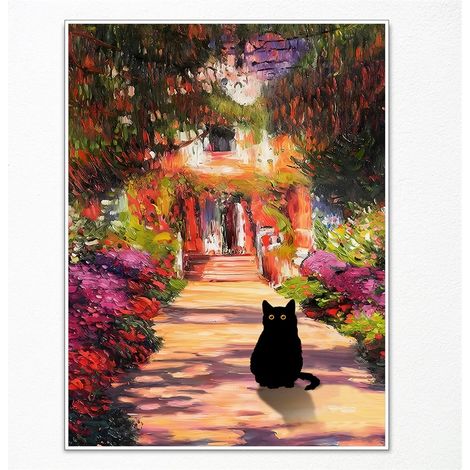 Cuadro vintage de Monet con diseño de gato en el jardín Famosas pinturas al óleo con flores y un gato negro Póster divertido con estampado floral para decoración de habitaciones 30x40cm Sin marco (1/5)