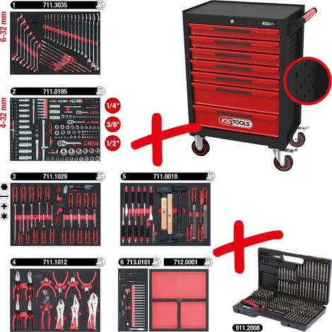 KS Tools ECOline Werkstattwagen SCHWARZ/ROT mit 7 Schubladen und 598 Premium-Werkzeugen