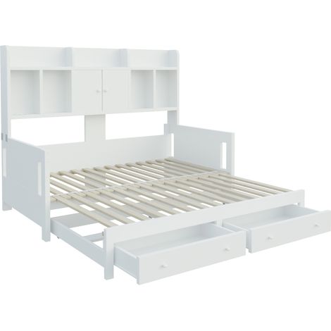 Sofá cama nido de madera blanca 90 x 190 cm con almacenaje, tomas y LED, HOMVRA (1/5)