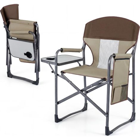 COSTWAY Sedia da Campeggio Pieghevole, Sedia da Regista con Tavolino Laterale, Portabicchieri e Tasca Portaoggetti, Portata 180 kg, Poltrona da Esterno per Spiaggia, Pesca e Picnic (Marrone) (1/5)