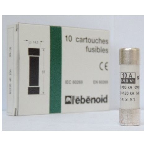 Fusible 10A cartouche 14X51mm gG usage industriel (boite de 10) HPC 120kA 500V sans voyant EBENOID 061210 (1/2)