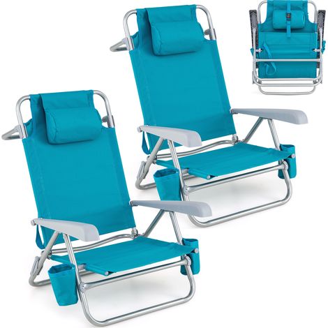 Lot de 2 Chaises de Plage Pliable avec Dossier Réglable 7 Positions, Appui-Tête, Porte-Serviette, 2 Porte-Gobelets, Charge 150 kg (1/5)