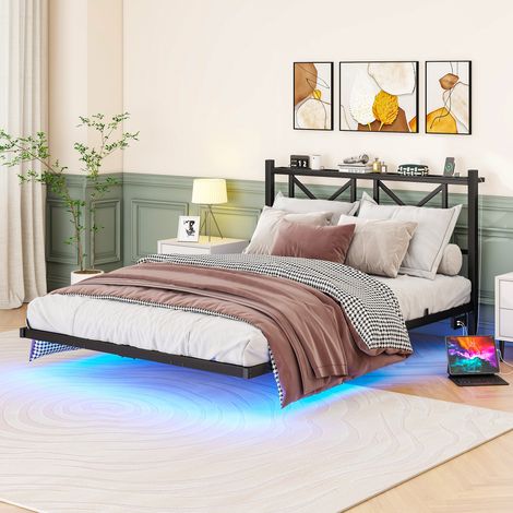 Cama doble 140x200cm Marco flotante con iluminación LED metal color negro (Sin colchón) (1/5)