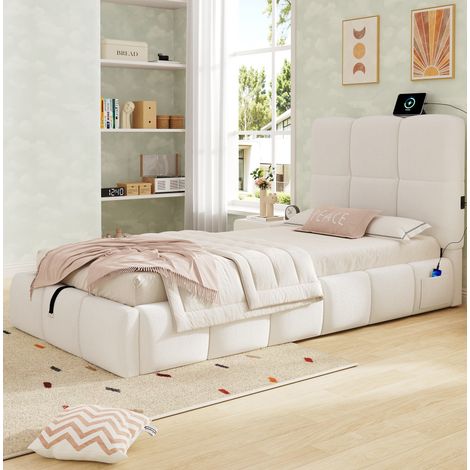 Cama infantil tapizada de cuento en bouclé beige 90x200 cm con cabecero, somier de láminas, arcón hidráulico y USB-C