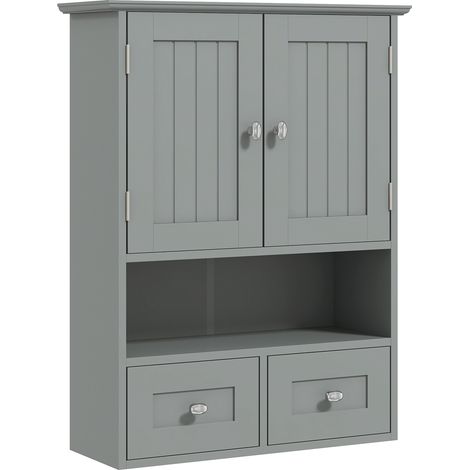 Wandhängender Badezimmerschrank mit Spiegel, 2 Türen und Ablagefach, Hängeaufbewahrung, 51 x 18 x 66 cm, anthrazitgrau