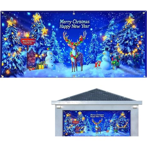 Bannière de porte de garage de Noël – Grande décoration extérieure à DEL pour fête de vacances Bannière de porte de porche d'hiver pour porche, terrasse, maison, fête, cour (1/5)