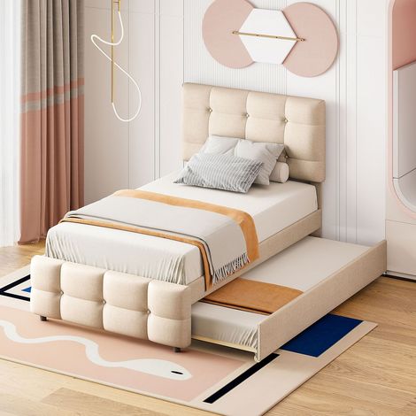 Lit rembourré 90x200 cm avec lit gigogne extensible et tête réglable – lit beige multifonction (1/5)