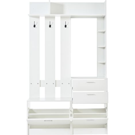 Mobile ingresso multifunzione bianco in MDF con specchio, 2 cassetti e scarpiera 110x34x185 cm (1/5)