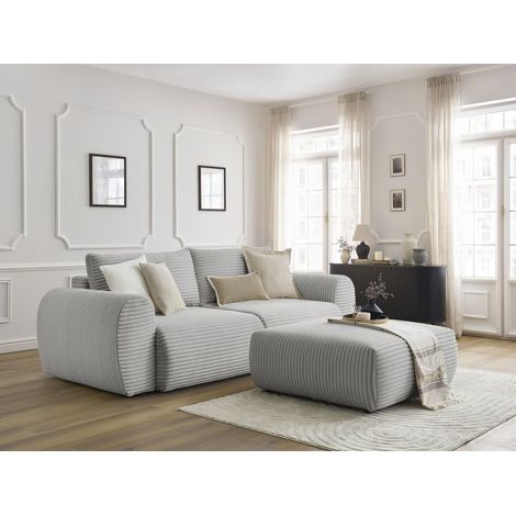 BOBOCHIC - Canapé droit convertible coffre LUCIEN gros côtelé doux avec pouf   Gris clair (1/5)