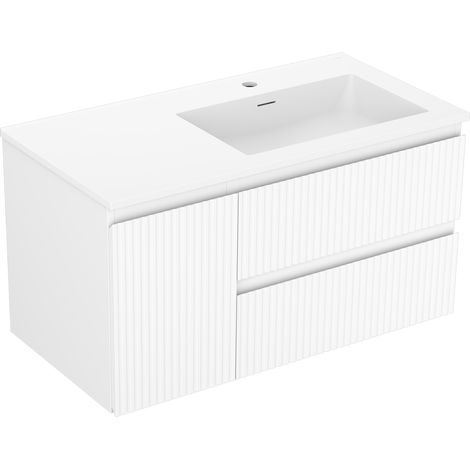 Mexen Rivel Badezimmerschrank 90 cm mit rechtem Otis-Waschbecken, 2S, 1D, geriffelt, weiß matt - 91A23-09047-3-BBFFF01-W18P01