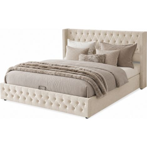 Lit coffre 160x200 en velours beige, tête de lit Chesterfield capitonnée, rangée de clous décoratifs, sommier à lattes et rangement hydraulique - CHICFURN (1/5)