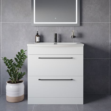 Napoli 390 Gloss White 800mm 2 Drawer Vanity Unit with Arc Basin - 800mm - Matt Black 480mm Handle
