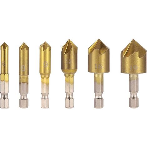 Set di 6 punte per svasatura con centro a 82 gradi per legno, punte a cambio rapido, 6 mm - 19 mm