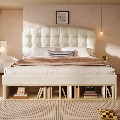 Lit double rembourré 140x200 cm avec tiroirs et rangements ouverts-tête de lit réglable en 3 hauteurs-sommier à lattes-Velours-Beige (1/5)
