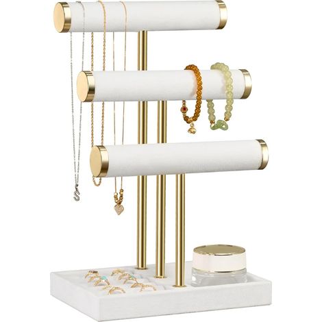 Présentoir à bijoux à trois niveaux, adapté aux bracelets, avec supports à bijoux amovibles en forme de T, un support à bracelets en velours, adapté aux colliers, montres et bagues, blanc, 31 x 21 x 1 (1/5)