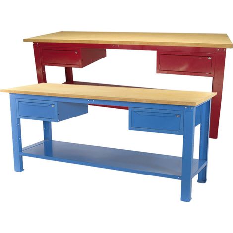 Banco da lavoro SOGI 2 metri con piano in legno portata 1000 kg + 2 cassetti - blu/rosso, ColoreBlu (1/5)