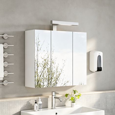 MODFU – Armario tocador de pared 60 cm de MDF/vidrio con 3 puertas espejo, estantes de vidrio, LED y enchufe Schuko – Blanco (1/5)