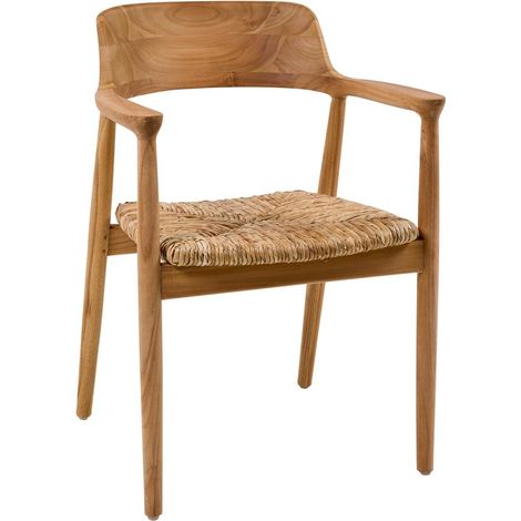 Chaise avec accoudoirs en teck et assise tressée Wendy
