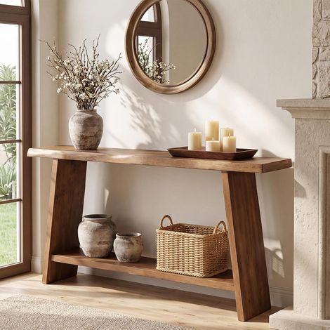 Tribesigns Table Console en Bois Massif, 160 cm Table d'entrée avec étagère de Rangement, Ferme Table de canapé étroite à 2 Niveaux pour Couloir, entrée, Salon, Marron Rustique (1/5)