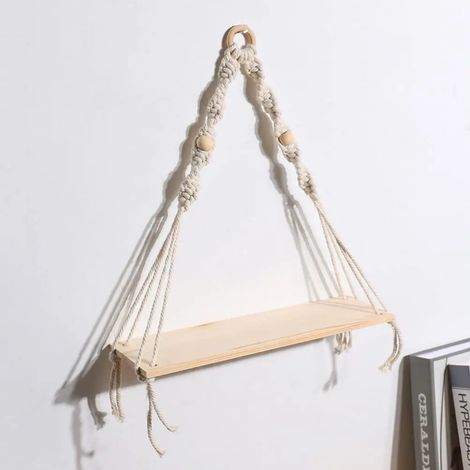 Étagère suspendue en macramé (naturel) - Décoration murale bohème pour chambre à coucher - 1 pièce - Étagère flottante rustique en bois pour chambre d'enfant, salle de bain, salon, chambre d'étudiant (1/5)