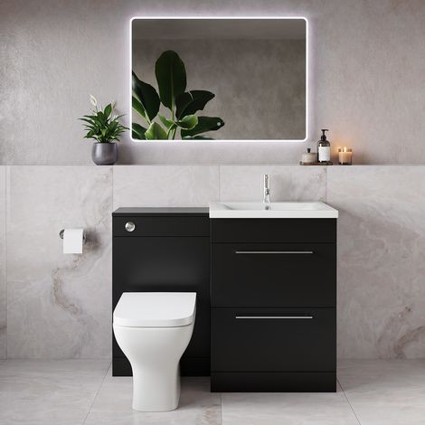 Napoli 460 Matt Black 1100mm 2 Drawer Vanity Unit Toilet Suite with Glide Basin - 1100mm - Chrome 320mm HandleWith Kingston Toilet Pan and Seat