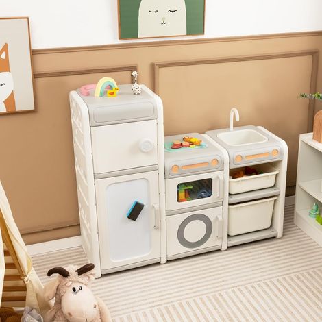 GOPLUS Bibliothèque Enfants-Meuble de Rangement avec Armoires/Bacs/Tableau Blanc Magnétique/Évier Amovible & Robinet Beige (1/5)