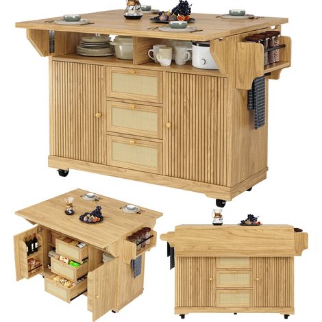 Ilot central de cuisine extensible Marron,desserte Cuisine sur roulettes avec 3 Tiroirs et 2portes,142.5x(40)80x95cm (1/5)