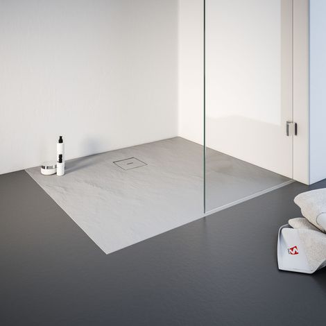 Receveur de douche 90 x 100 cm résine minérale de plain-pied, décor effet Pierre gris, Schulte