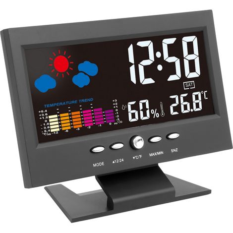 Réveil électronique noir avec affichage couleur, détection d'humidité et température, alarme sonore pour chambre et chevet (1/5)