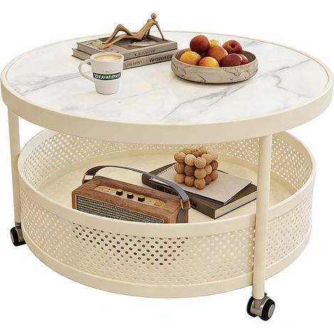 Table basse à deux niveaux avec rangement ouvert, table d’appoint moderne avec structure en métal et roulettes pour salon, chambre et petits espaces (1/5)