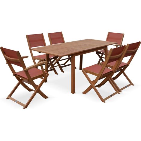 sweeek - Ausziehbarer Gartentisch aus Holz , 6 Stühle Holzfarben / Terrakotta