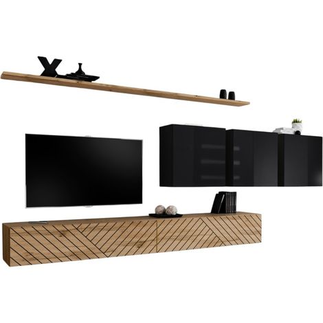 Conjunto de muebles de salón SWITCH VII – Roble Wotan & Negro brillante – Diseño moderno – 340 cm