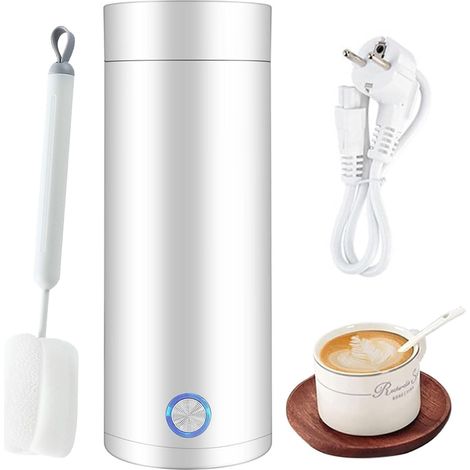 Bouilloire Electrique Portable Mini 400ml avec Brosse Nettoyage,3 en 1 Thermos Voyage Mug Chauffant Arrêt automatique,Flacon Thermos Petite Acier Inoxydable 300W Blanc,Tasse Cuisson pour Thé,Lait,Café (1/5)