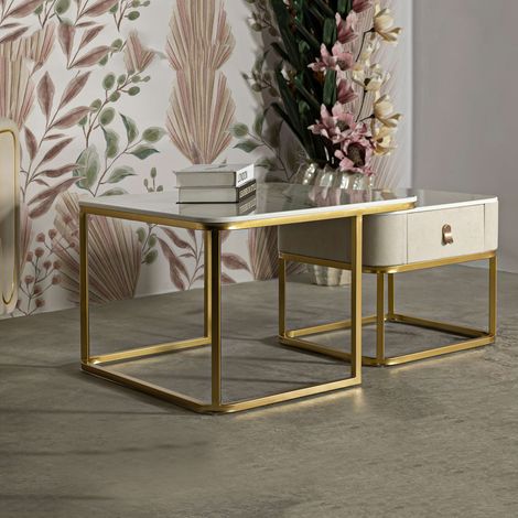 Dmorara Couchtisch Set, 2-teilig, quadratisch, mit Schublade, 70x70x48h cm, Marmoroptik Weiß (1/5)