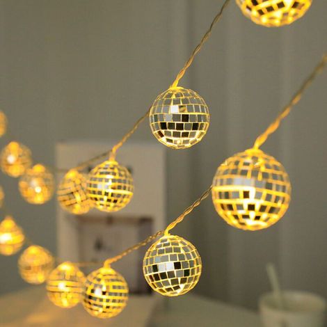 Guirlande lumineuse à LED avec boules disco alimentées par batterie, boules à facettes décoratives pour l'extérieur, le porche, les fêtes disco des années 70 et 80, 3 m 20 lumières allumées en (1/4)