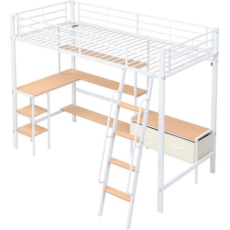Letto a soppalco in ferro e MDF 90x200 cm bianco e naturale con scrivania e contenitori (1/5)