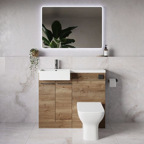 Napoli 250 Tobacco Oak 1000mm 2 Door Vanity Unit Toilet Suite with Left Hand Square Rico Semi Recessed Basin - 1000mm - Gunmetal Grey 160mm HandleWith Kingston Toilet Pan and Seat