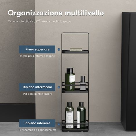 doporro Scaffale da Pavimento per Bagno Nero a 3 Ripiani Organizer Toilette in Acciaio al Carbonio 18 x 12,5 x 67,3 cm Reglo02
