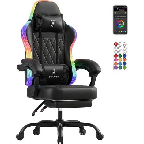 Chaise de jeu, chaise de bureau, chaise de jeu avec barre lumineuse LED, chaise gamer, dossier avec sac de rangement, chaise ergonomique en polycarbonate avec télécommande (1/5)