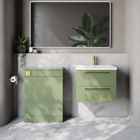 Napoli 390 Cento Olive Green 1200mm Wall Mounted 2 Drawer Vanity Unit and Toilet Suite with Glide Basin - 1200mm - Brushed Brass 320mm HandleWithout Kingston Toilet Pan