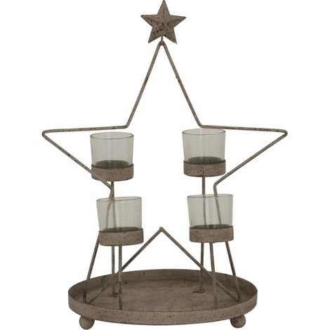 Rustic Outline Star with Four Glass Votives - Metal - L22 x W28 x H38 cm - Antique Bronze