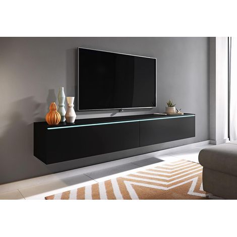 Mueble de TV Lowboard D 180 cm, mueble de televisión sin iluminación LED, mueble de televisión colgante, color negro mate