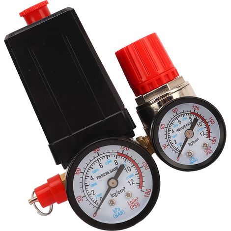 Régulateur pression compresseur air avec valve 4 voies auto 0-180PSI, interrupteur et manomètre, en zinc inox ABS (1/5)