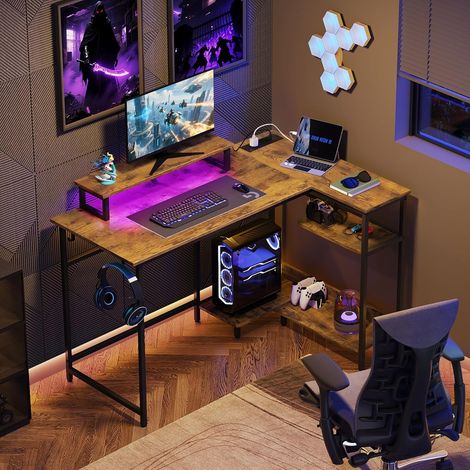 L-förmiger Eckschreibtisch, Abmessung 122x80 cm, Gaming-Tisch mit RGB-Beleuchtung, platzsparender Computertisch mit Monitorhalter, Haken und Ablagefach, geeignet für Homeoffice, Vintagebraun (1/5)