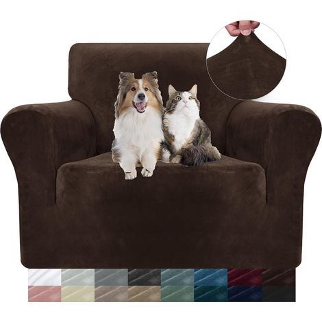 Housse de canapé marron 1 places (78-118cm), sofa cover extensible en velours (1/4)